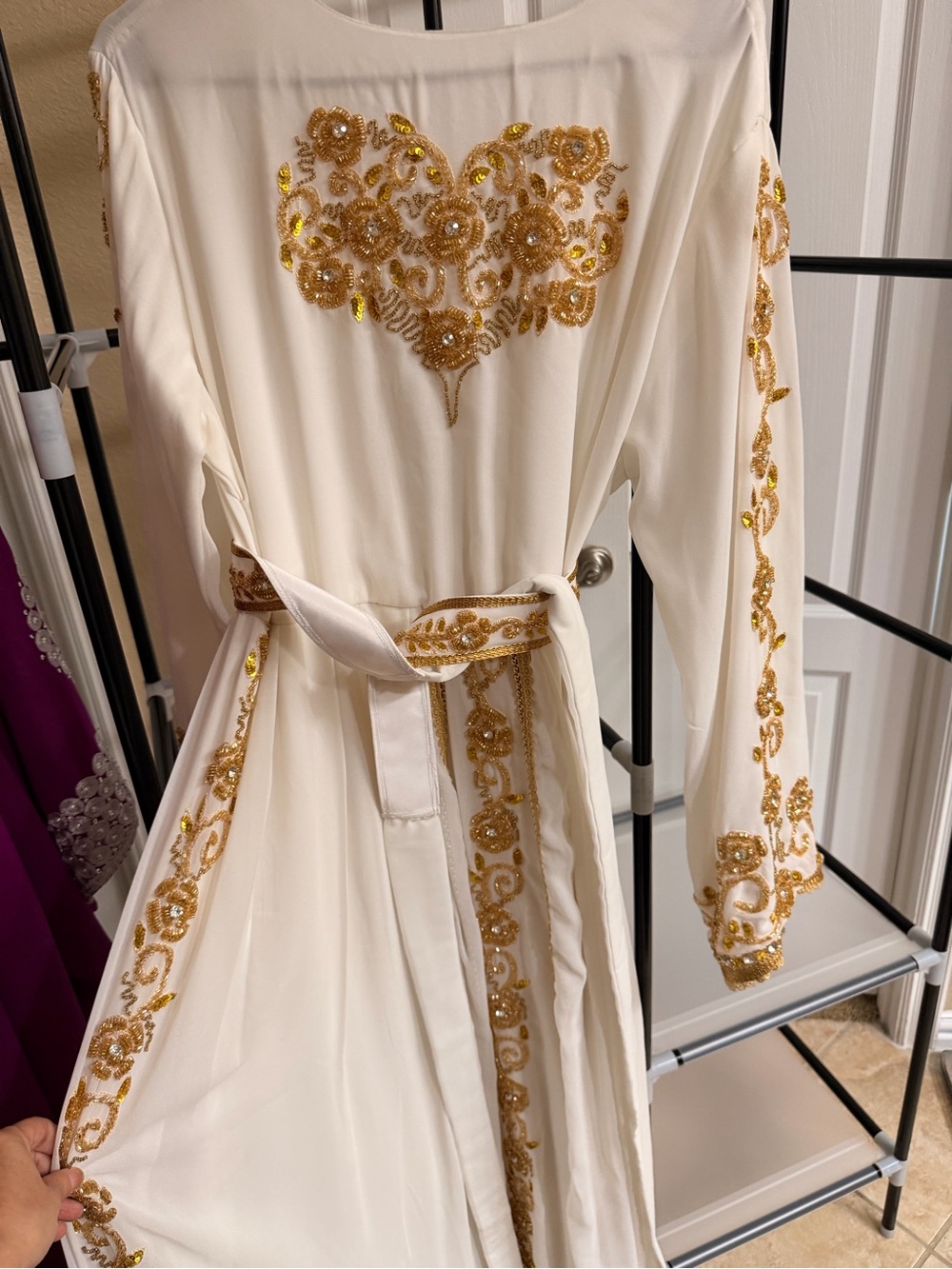 Embellished White Long-Sleeve Belted Dress with Gold Accents